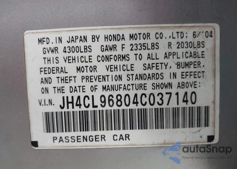 2004 Acura Tsx z USA, uszkodzony, nr VIN JH4CL96804C037140